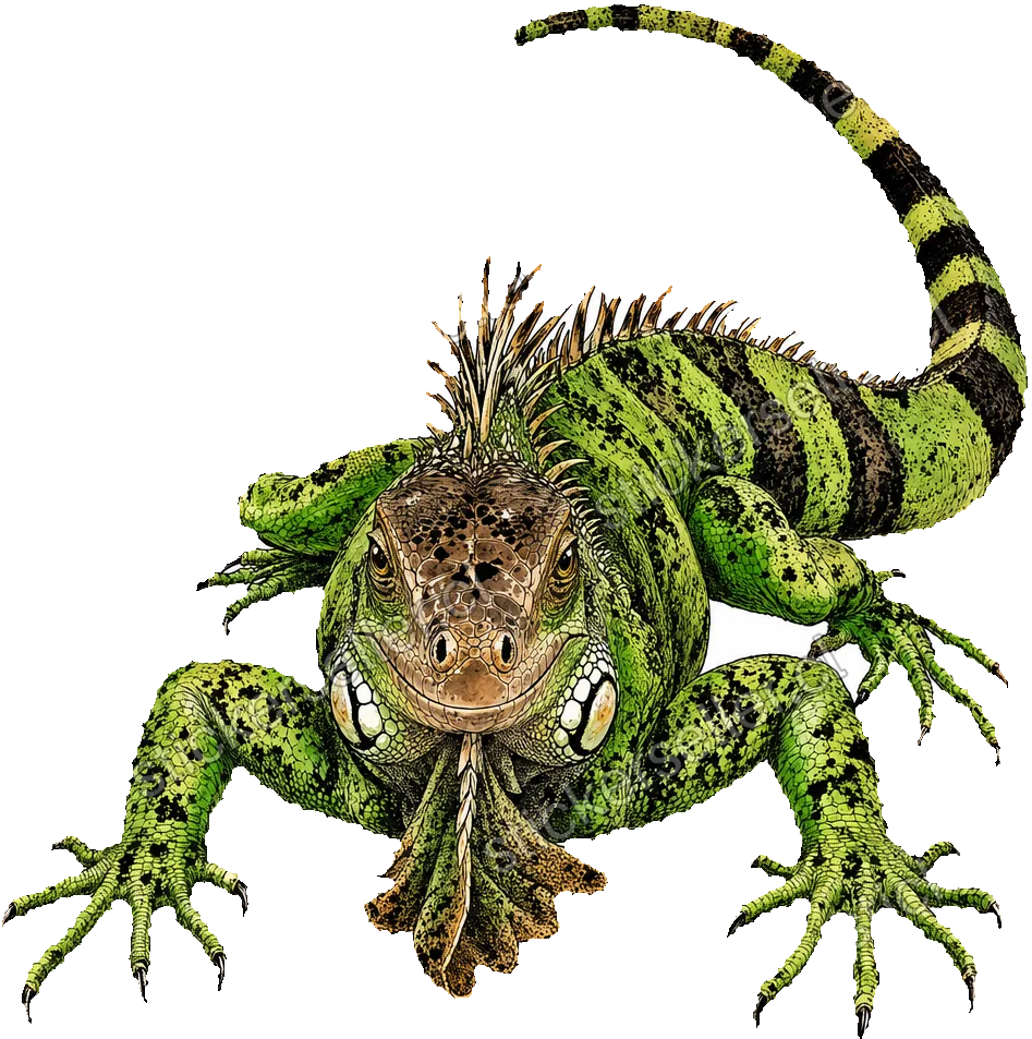 Sticker de una iguana verde y café vista de frente, con patas extendidas, cola curvándose arriba y manchas negras de tinta.