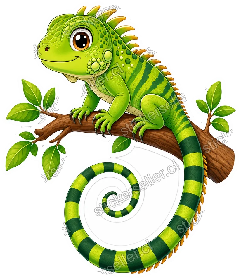Sticker de una cría de iguana verde con ojos grandes, posada en una rama con hojas, y la cola enroscada debajo.