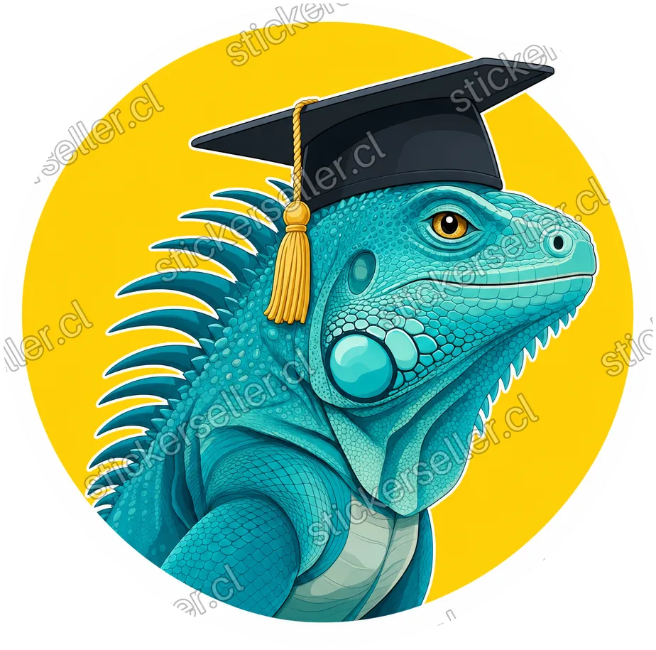 Sticker de una iguana azul-verdosa con birrete de graduación y borla dorada, dentro de una insignia circular amarilla.