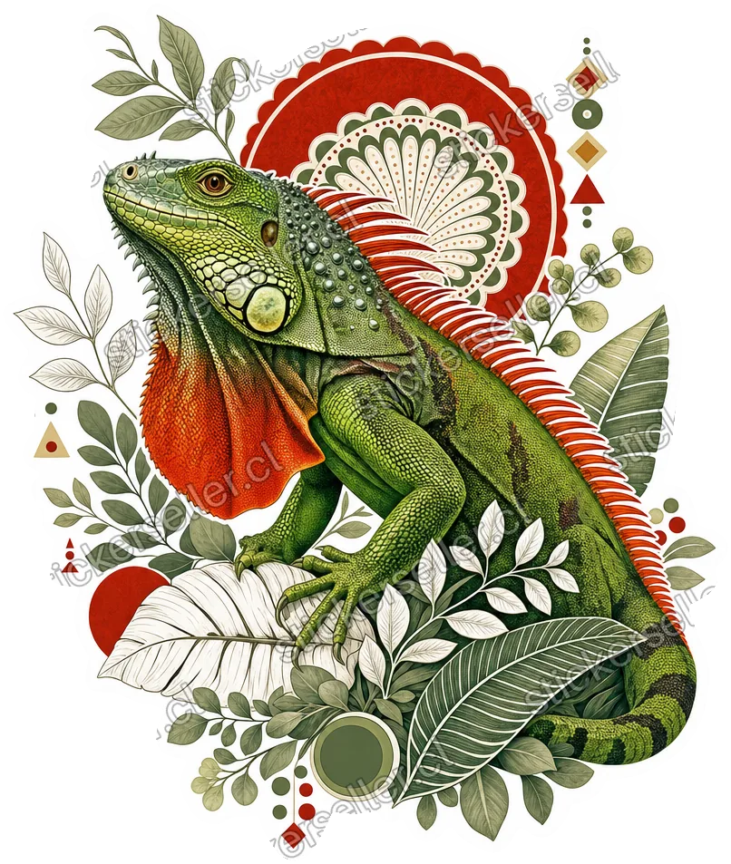 Sticker de una iguana verde con dewlap naranja-rojo, rodeada de hojas salvia y blancas y motivos geométricos.