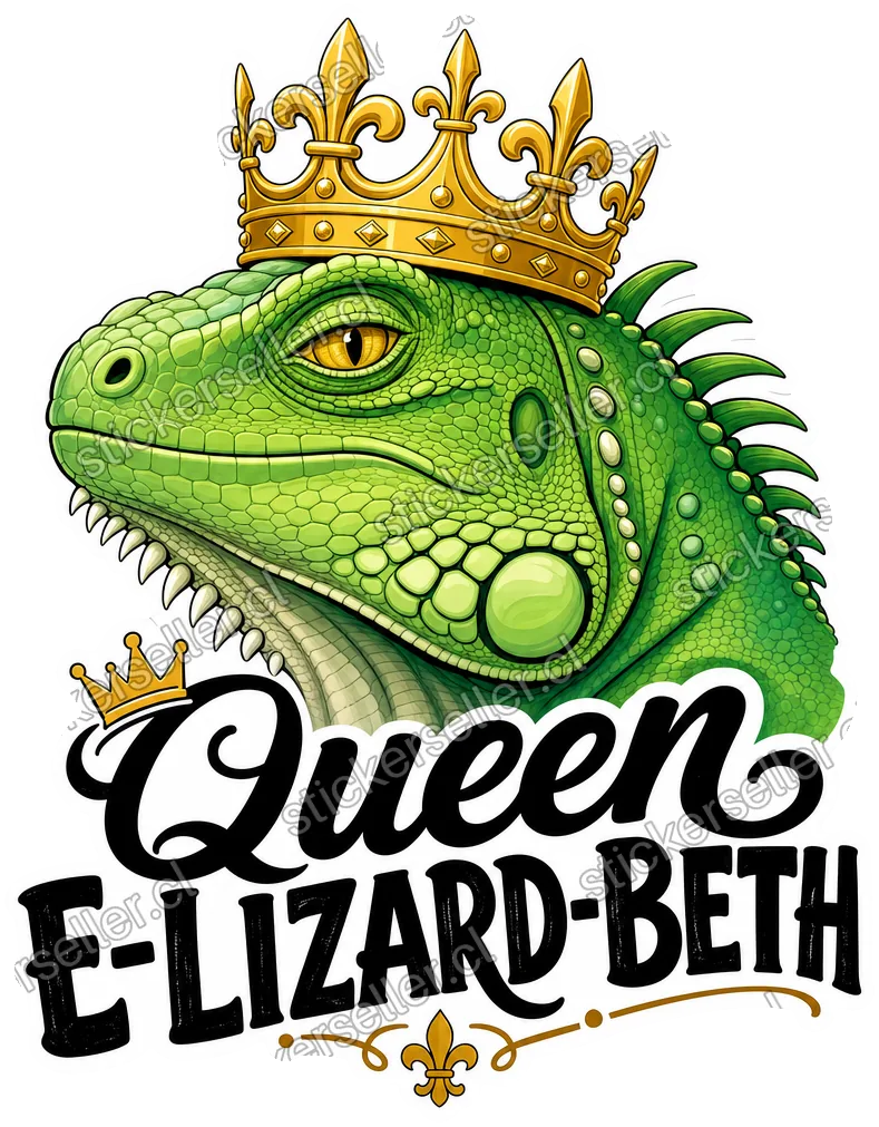 Sticker de una cabeza de iguana verde con corona dorada, con el texto «Queen E-LIZARD-BETH» debajo.