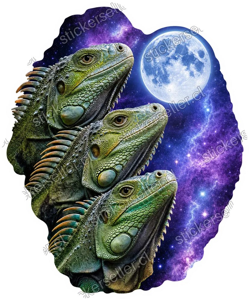 Sticker de tres cabezas de iguana verde apiladas contra una galaxia púrpura-azul con una luna llena celeste.