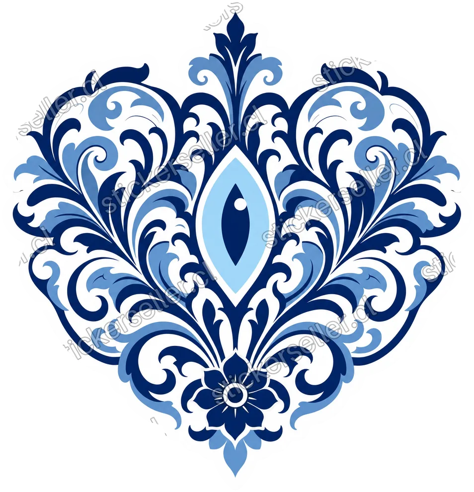 Sticker de hojas de acanto azul enroscadas formando un corazón con un ojo vertical celeste al centro.