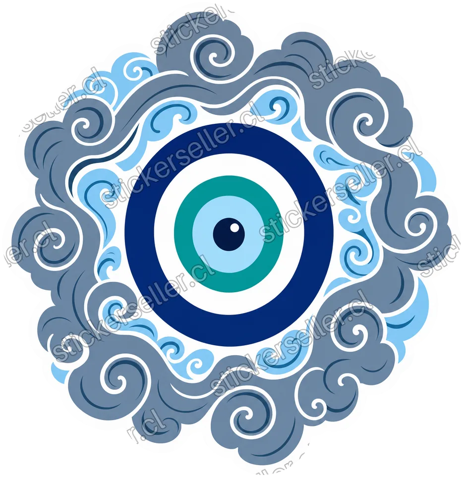 Sticker de un ojo nazar celeste y verde azulado enmarcado por un anillo de formas tipo nube en gris acero.