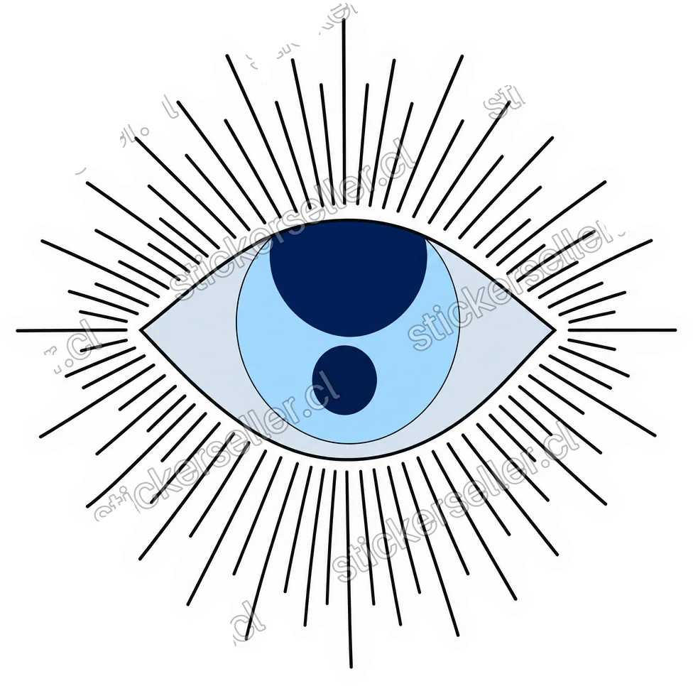Sticker de un ojo almendrado celeste rodeado de un halo de finas líneas negras irradiando como un sol.