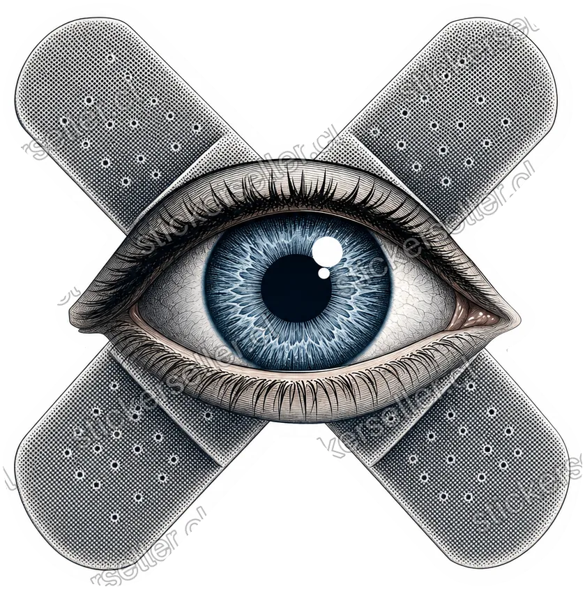 Sticker de un ojo realista azul acero centrado sobre un par de vendas grises cruzadas en X.