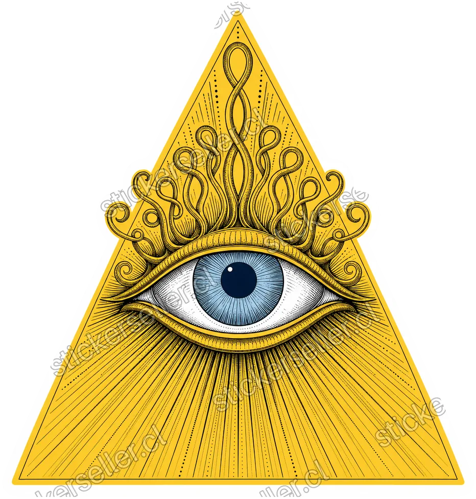 Sticker de un ojo de línea fina dentro de un triángulo dorado, con zarcillos arriba y líneas grabadas abajo.
