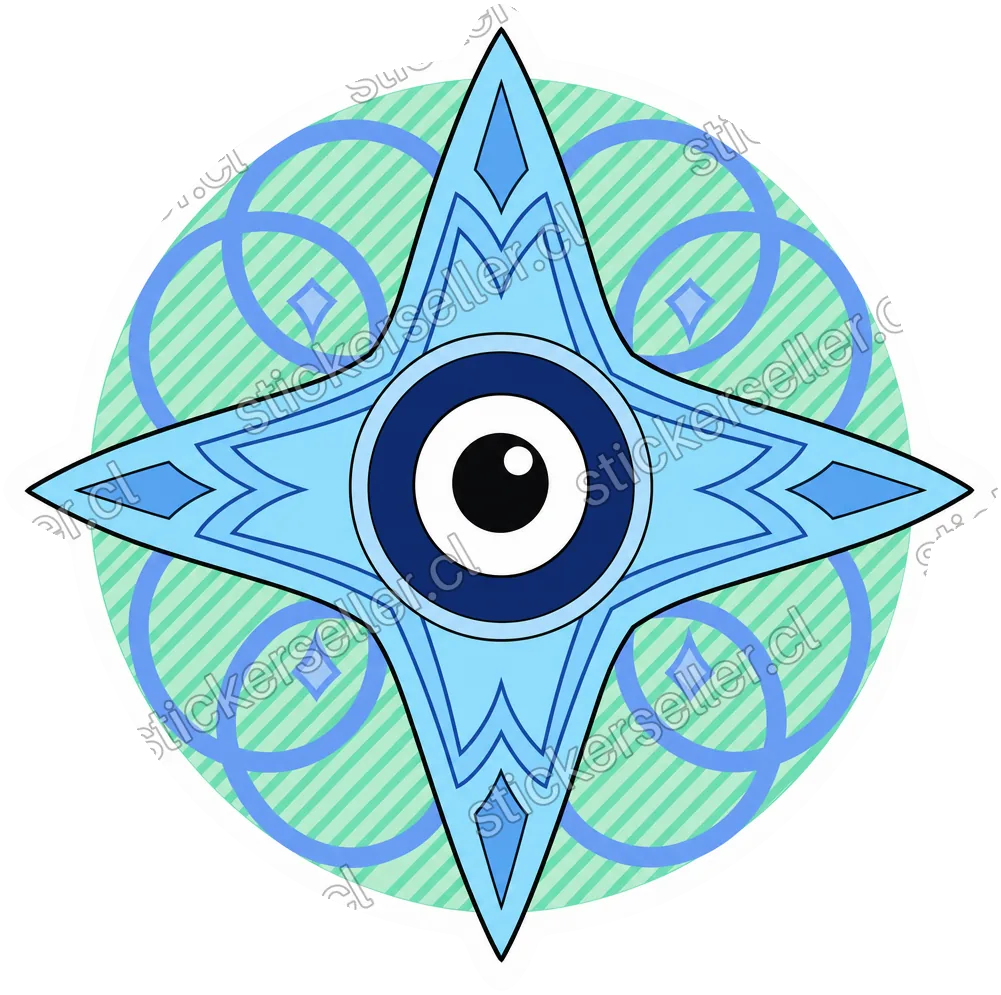 Sticker de una estrella ninja celeste de cuatro puntas sobre fondo menta rayado, con un ojo concéntrico al centro.