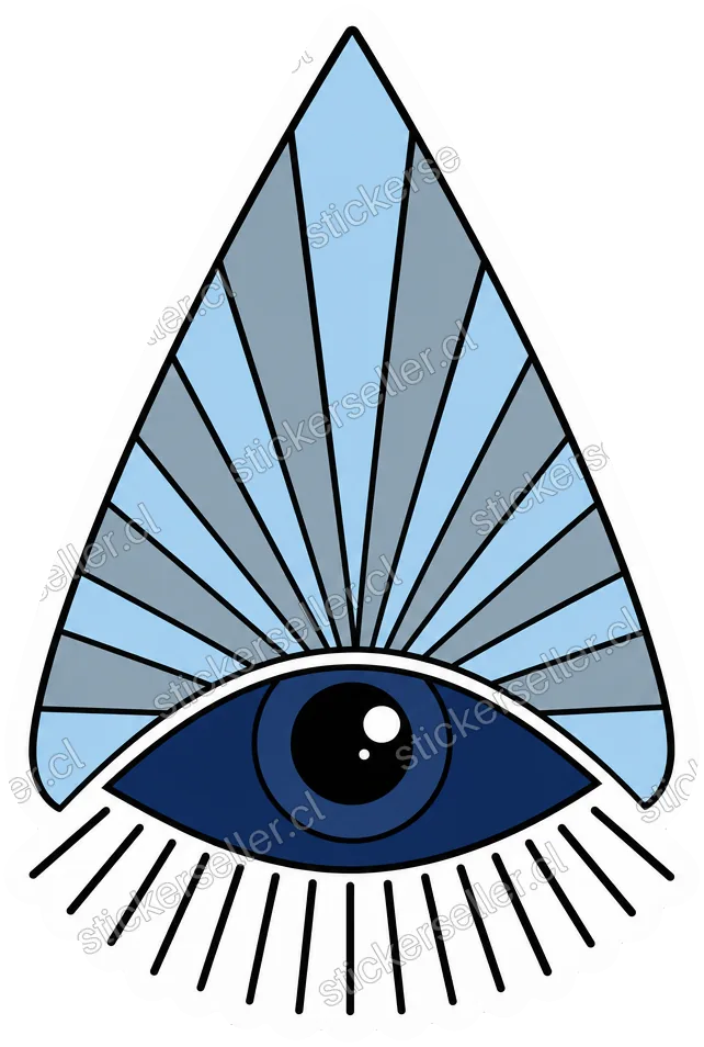 Sticker de un ojo azul marino en la base de un triángulo, con rayos de sol celestes y grises abriéndose hacia arriba.