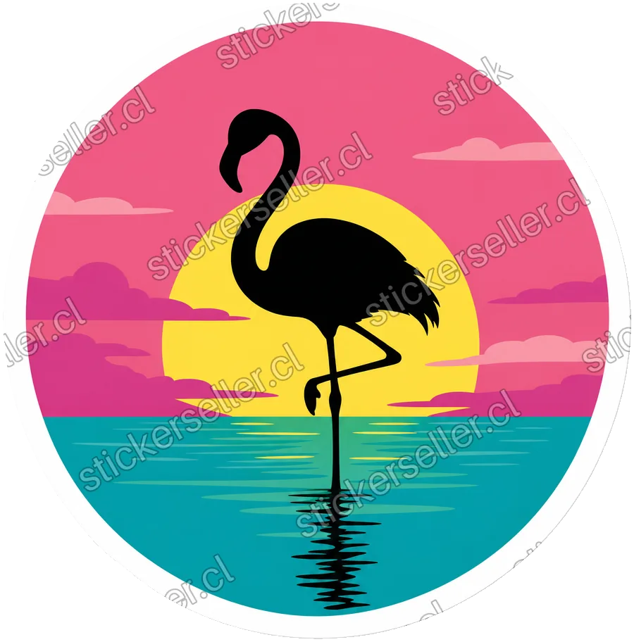 Sticker de un flamenco coral parado sobre la palabra «PARADISE» en tipografía negra apilada, con hojas verdes entre las letras.