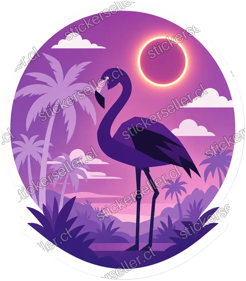 Sticker de un flamenco morado entre palmeras dentro de un círculo violeta, con un sol tipo eclipse brillando arriba.