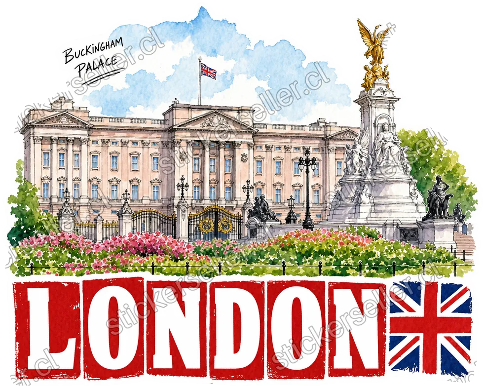 Sticker en acuarela del Palacio de Buckingham en Londres, con pasteles rosados y verdes, la nota «BUCKINGHAM PALACE» y «LONDON» en bloques rojos con una pequeña Union Jack.