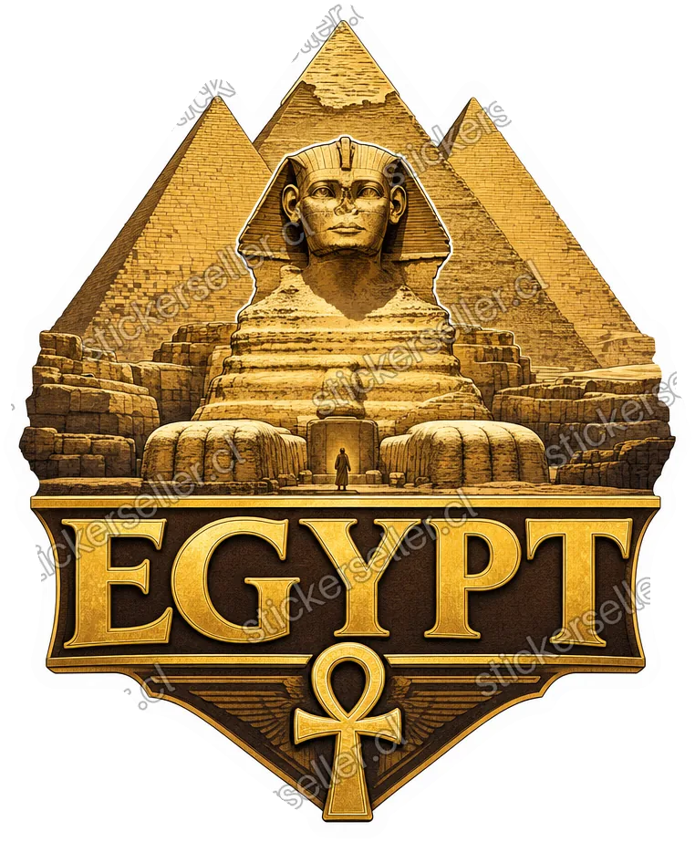 Sticker de viaje de Egipto con la Gran Esfinge de frente ante tres pirámides de Giza, una cruz ankh dorada y la palabra «EGYPT» en letras doradas, en tonos beige arena y oro.