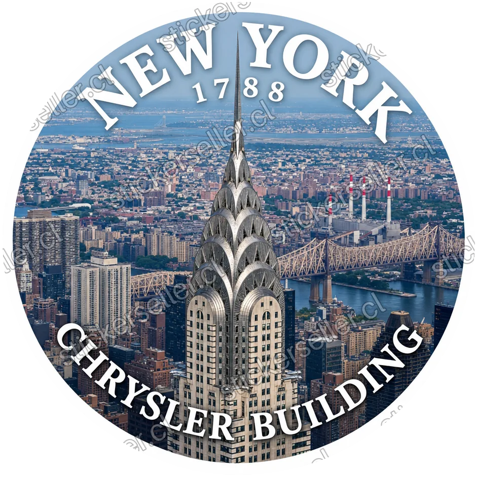 Sticker circular con foto aérea del Edificio Chrysler y su aguja art déco sobre el skyline de Manhattan, con el río y el puente, y el texto curvo «NEW YORK», «1788», «CHRYSLER BUILDING».