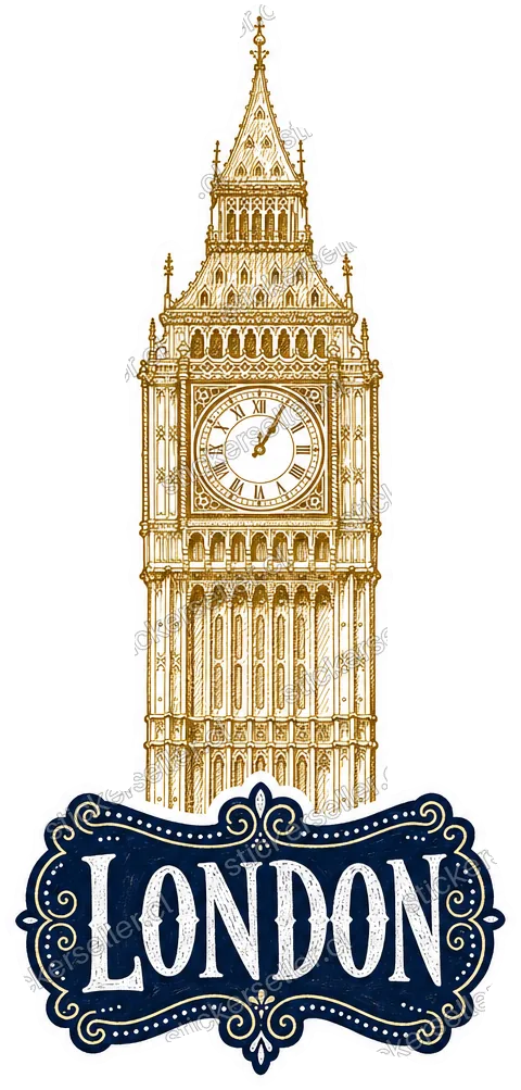 Sticker del Big Ben de Londres en línea doodle dorada dibujada a mano, con reloj y aguja, y una etiqueta oscura ornamentada que dice «LONDON» en blanco.
