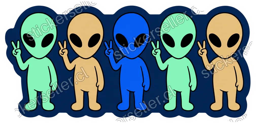 Sticker de cinco alienígenas en fila haciendo el signo de la paz, en menta, beige y azul, sobre fondo azul marino.