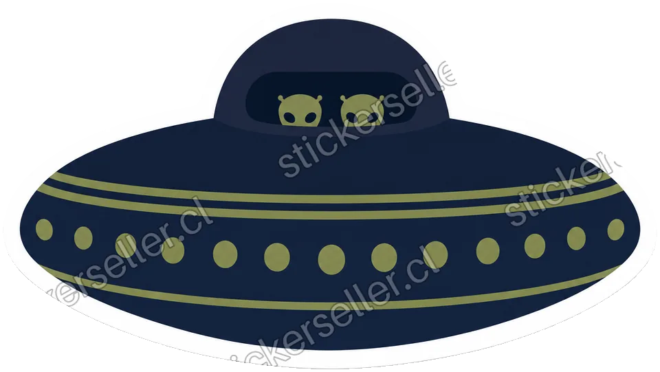 Sticker de un platillo azul marino minimalista con dos alienígenas diminutos asomados por la ventana de la cúpula.