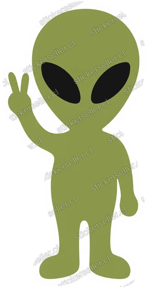Sticker de un alienígena verde oliva liso, de pie, haciendo el signo de la paz con un brazo.