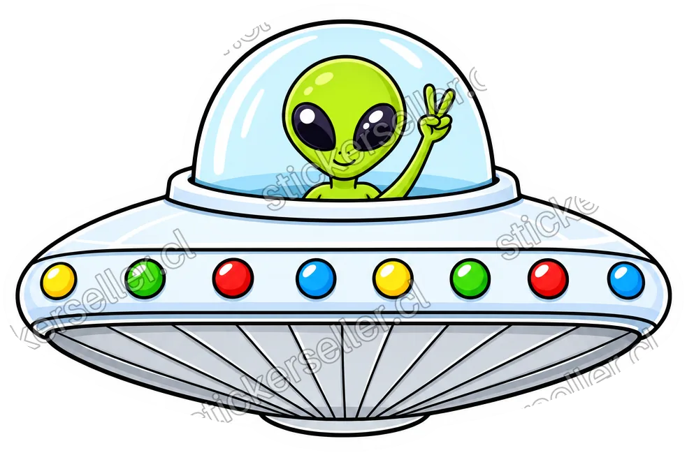 Sticker de un platillo con luces de colores en el borde y un alienígena verde asomado por la cúpula haciendo el signo de la paz.