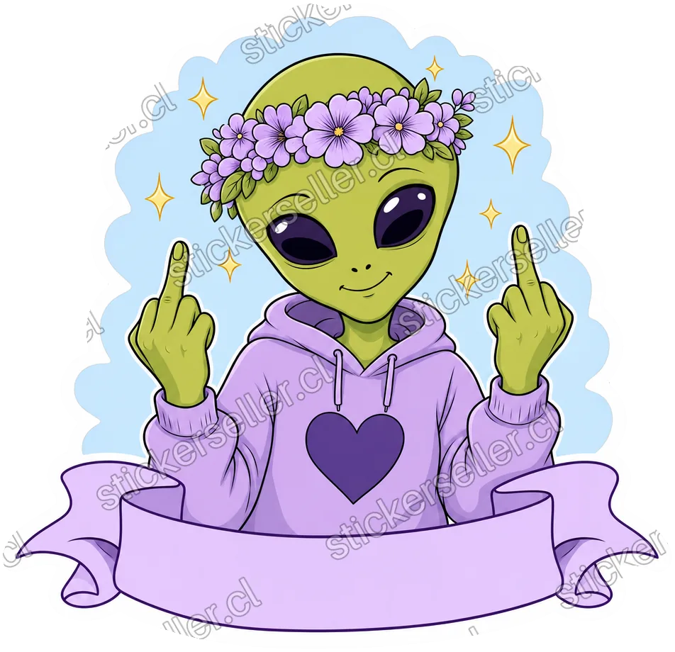 Sticker de un alienígena con corona de flores lavanda y polerón morado, dando doble dedo del medio con expresión dulce.