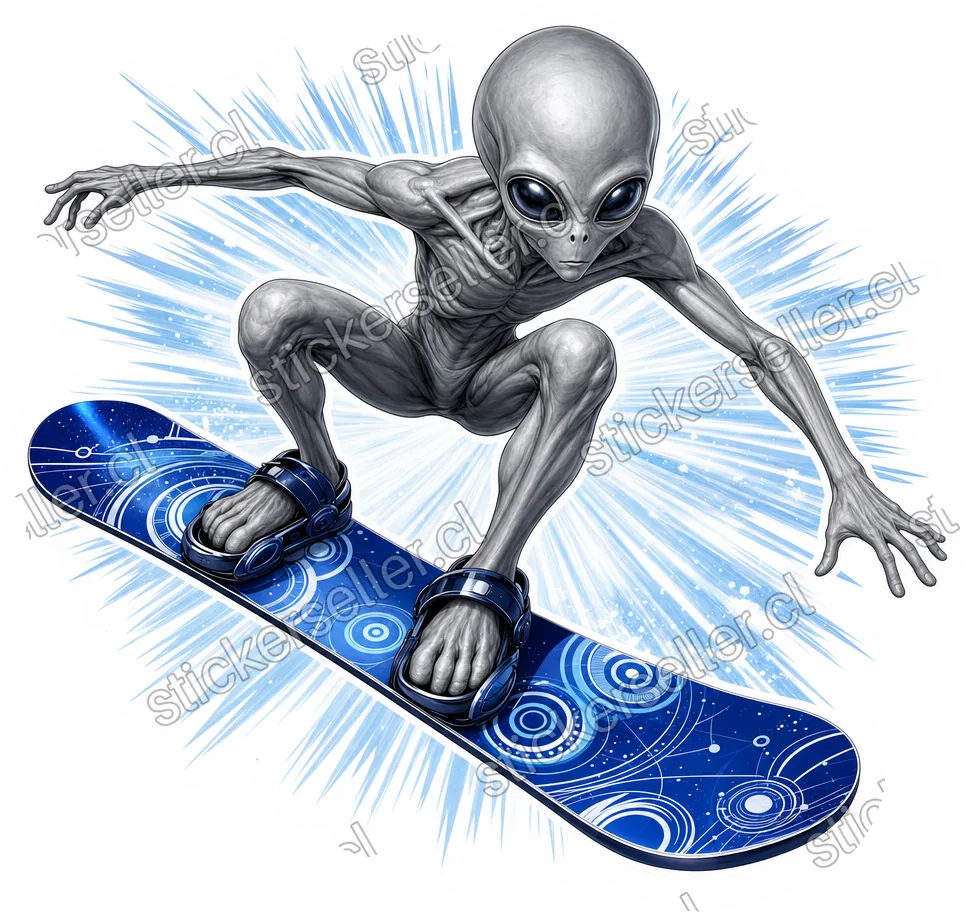 Sticker de un alienígena gris haciendo snowboard en pose de acción, con líneas de velocidad blancas y celestes de fondo.