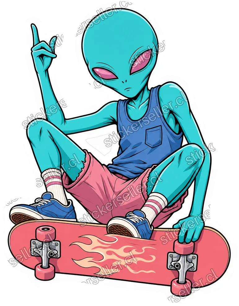 Sticker de un alienígena azul-teal sentado sobre una tabla de skate rosa-salmón con llamas, haciendo un gesto casual con la mano.