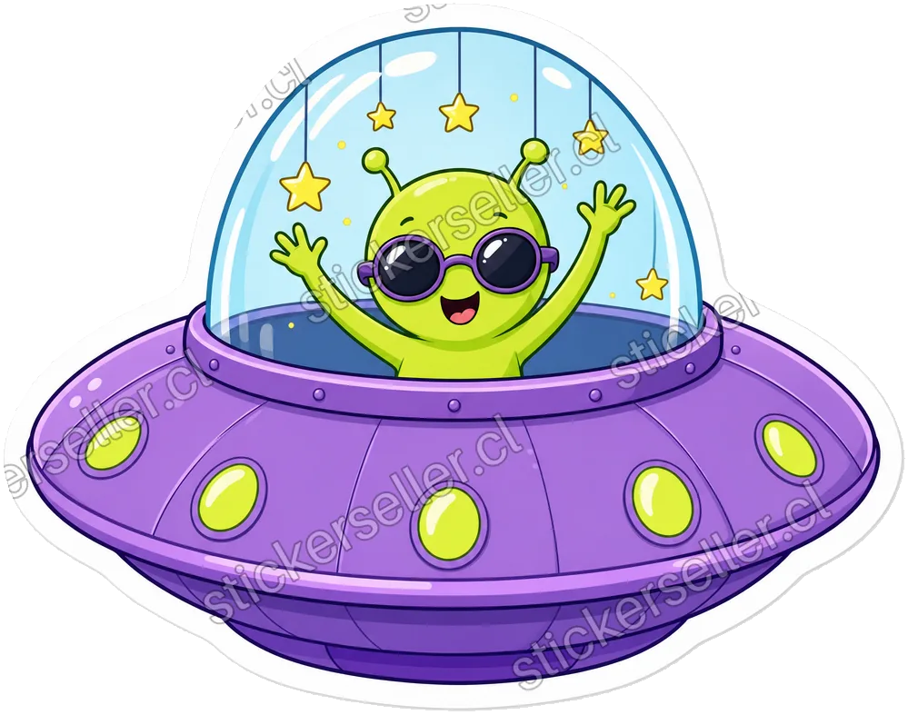 Sticker de un platillo morado con un alienígena festejando adentro con lentes de sol y estrellitas colgantes.