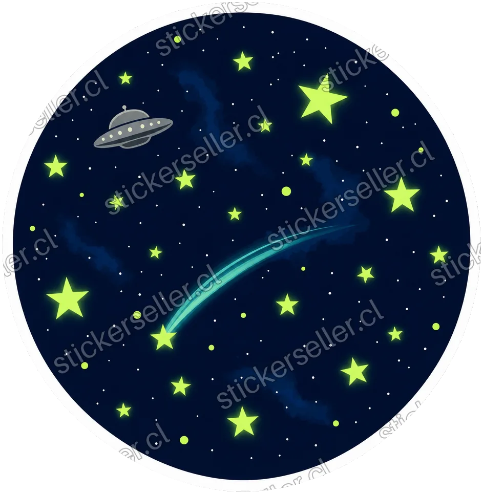 Sticker circular de un cielo nocturno azul marino con estrellas verde lima, un platillo diminuto y un cometa con estela celeste.