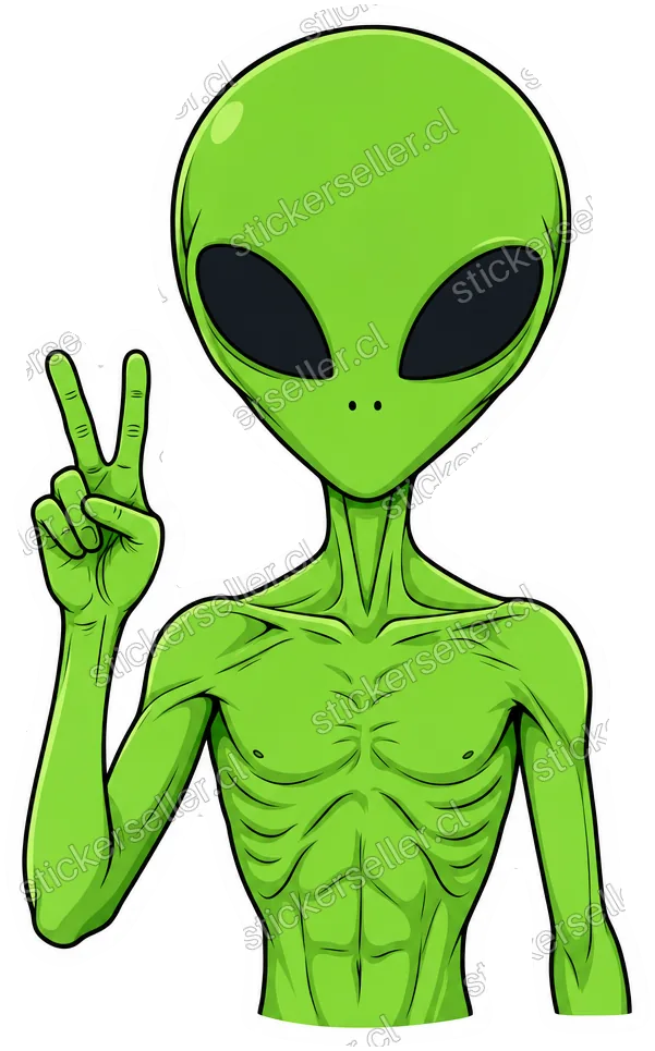 Sticker de un busto de alienígena verde brillante con líneas de costillas en el torso, haciendo el signo de la paz.