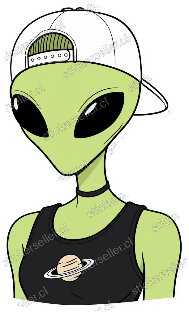 Sticker de un busto de alienígena verde lima con gorro snapback blanco al revés, choker negro y polera con un Saturno estampado.