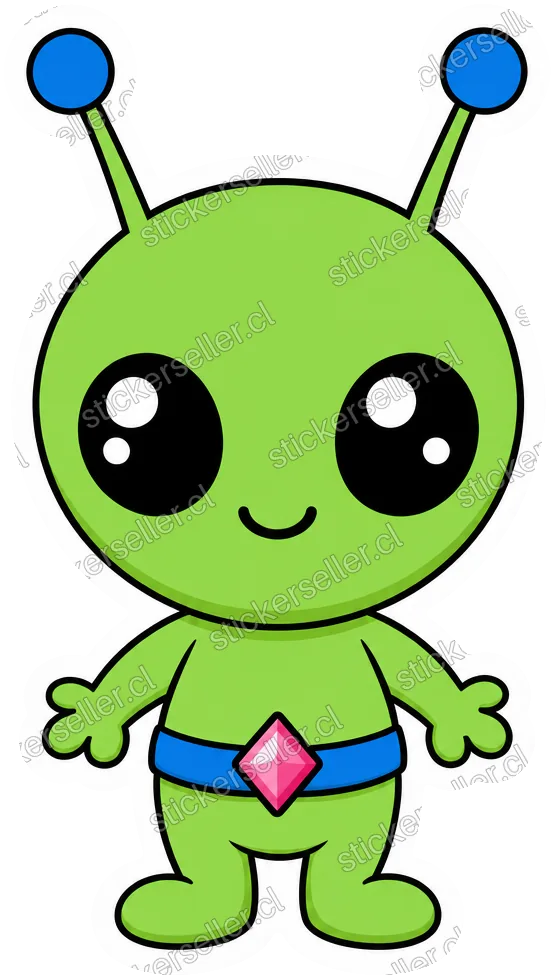 Sticker de un alienígena chibi verde con antenas de puntas azules y un cinturón con una gema rosa en forma de diamante.