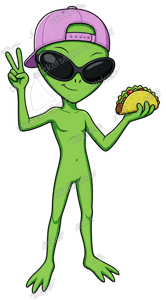 Sticker de un alienígena con lentes de sol y gorro al revés, haciendo el signo de la paz y sosteniendo un taco.