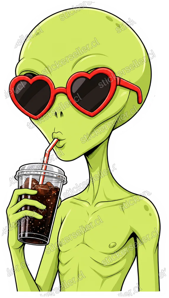 Sticker de un alienígena con lentes de sol en forma de corazón rojo, tomando una bebida oscura con bombilla.