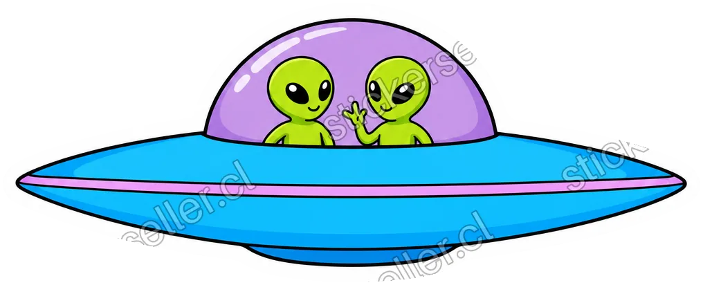 Sticker de un platillo celeste ancho y angosto, con dos alienígenas verde lima asomados por la cúpula morada.