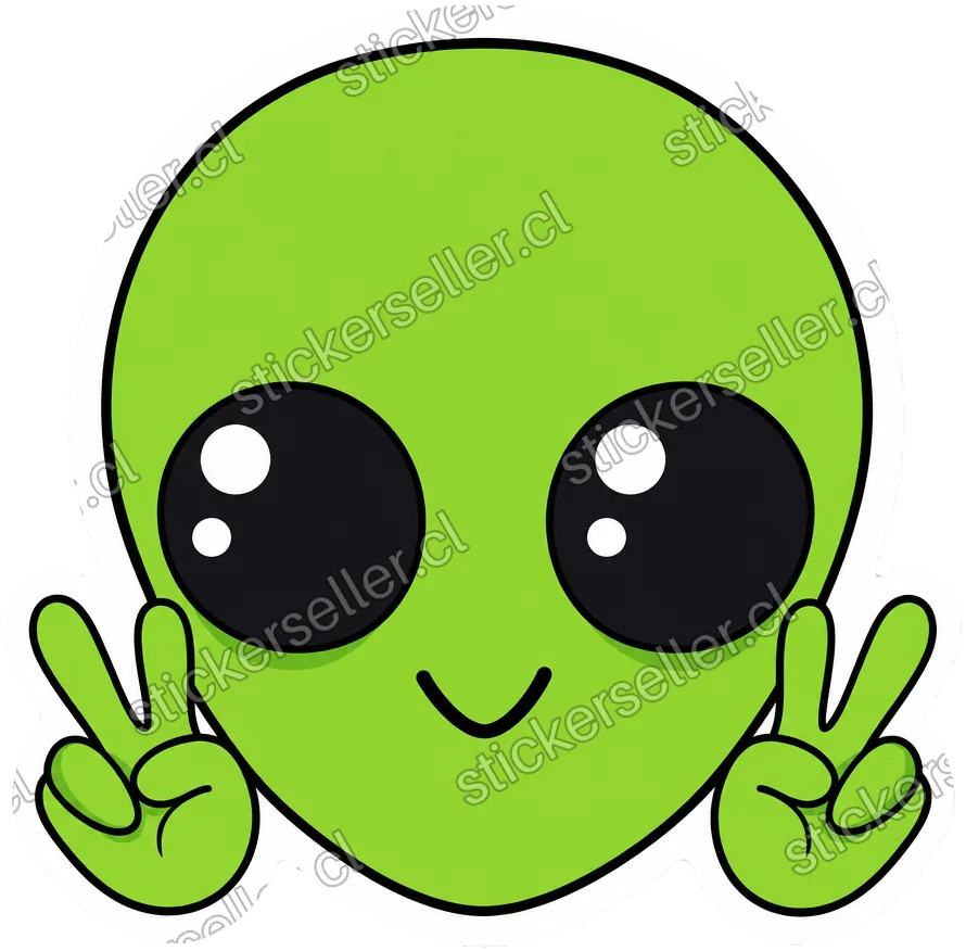 Sticker de la cara de un alienígena verde con dos manitos a los costados haciendo el signo de la paz.