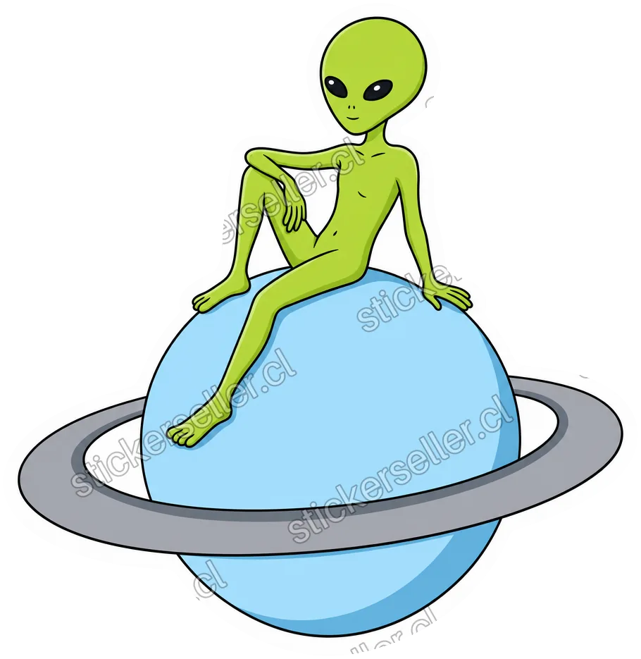 Sticker de un alienígena verde lima recostado sobre un planeta celeste con anillo gris, en pose relajada.