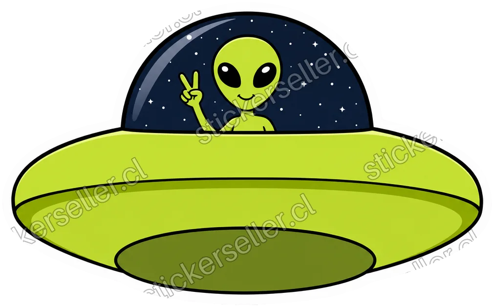 Sticker de un platillo verde lima con una cúpula oscura llena de estrellas y un alienígena haciendo el signo de la paz adentro.