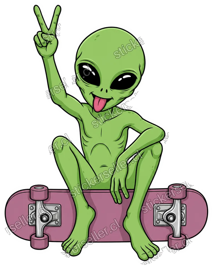 Sticker de un alienígena verde sentado sobre el lado de abajo de una tabla de skate rosada, con lengua afuera y signo de la paz.