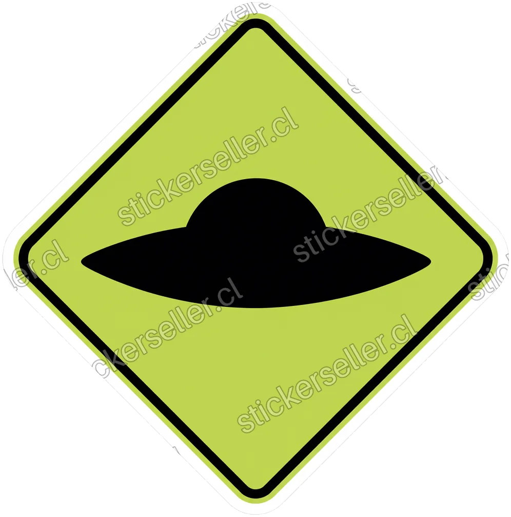 Sticker en forma de cartel de tránsito diamante, verde salvia, con la silueta negra de un platillo volador al centro.