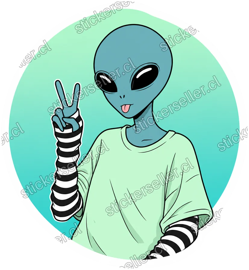Sticker circular de un alienígena azul-teal con mangas a rayas blanco y negro, sacando la lengua y haciendo el signo de la paz.