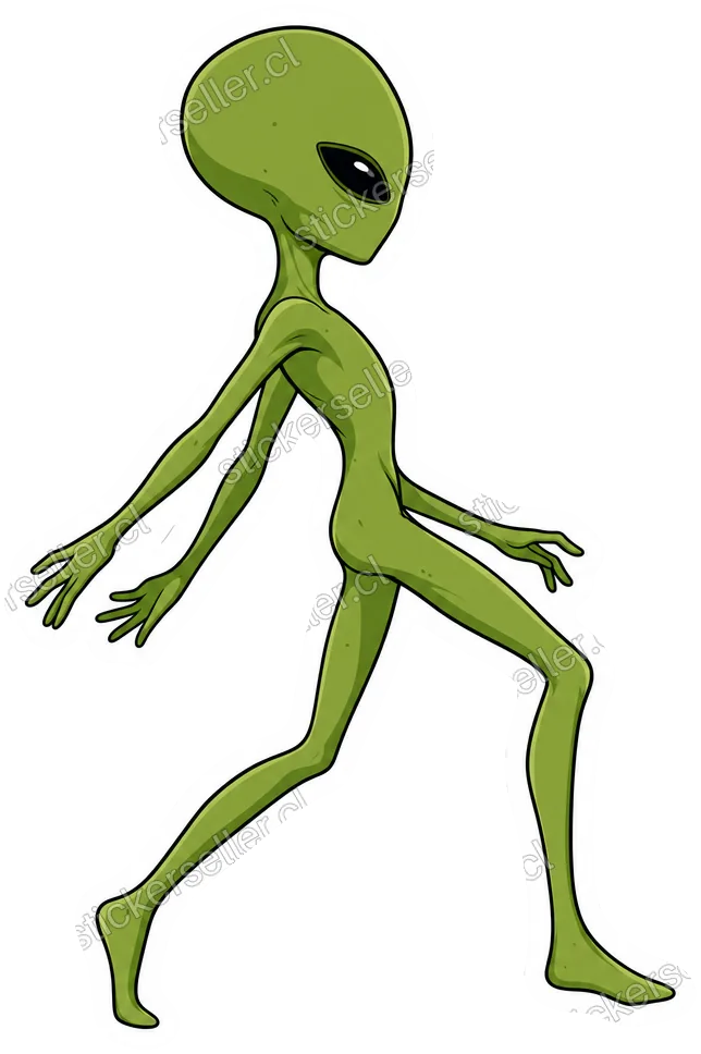 Sticker de un alienígena verde en una zancada de perfil, con los brazos hacia atrás en pleno movimiento.
