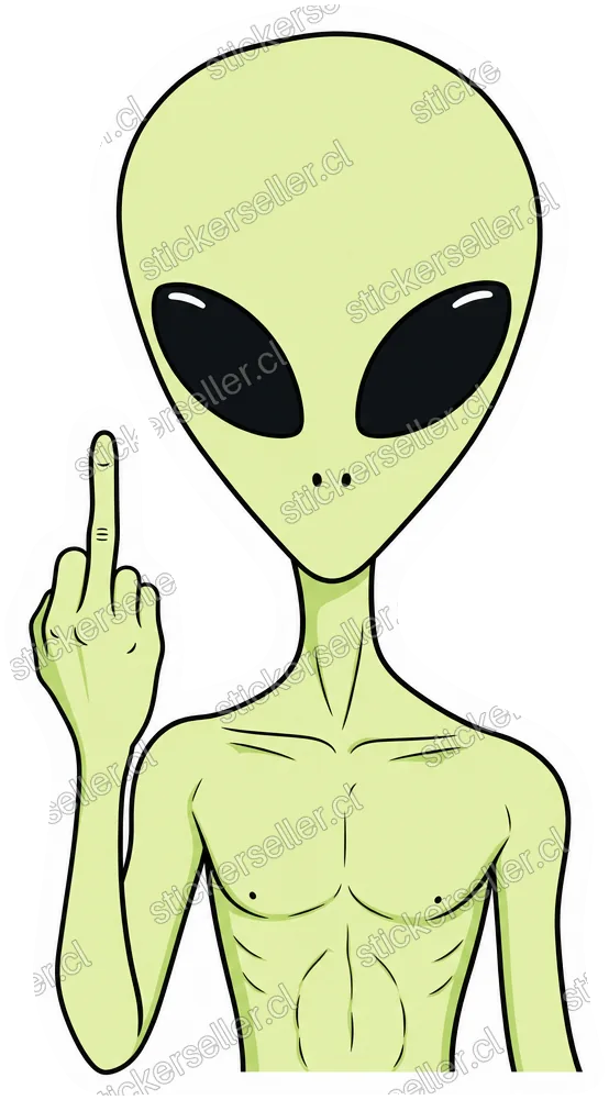 Sticker de un busto de alienígena verde pálido dando el dedo del medio, con expresión neutra.