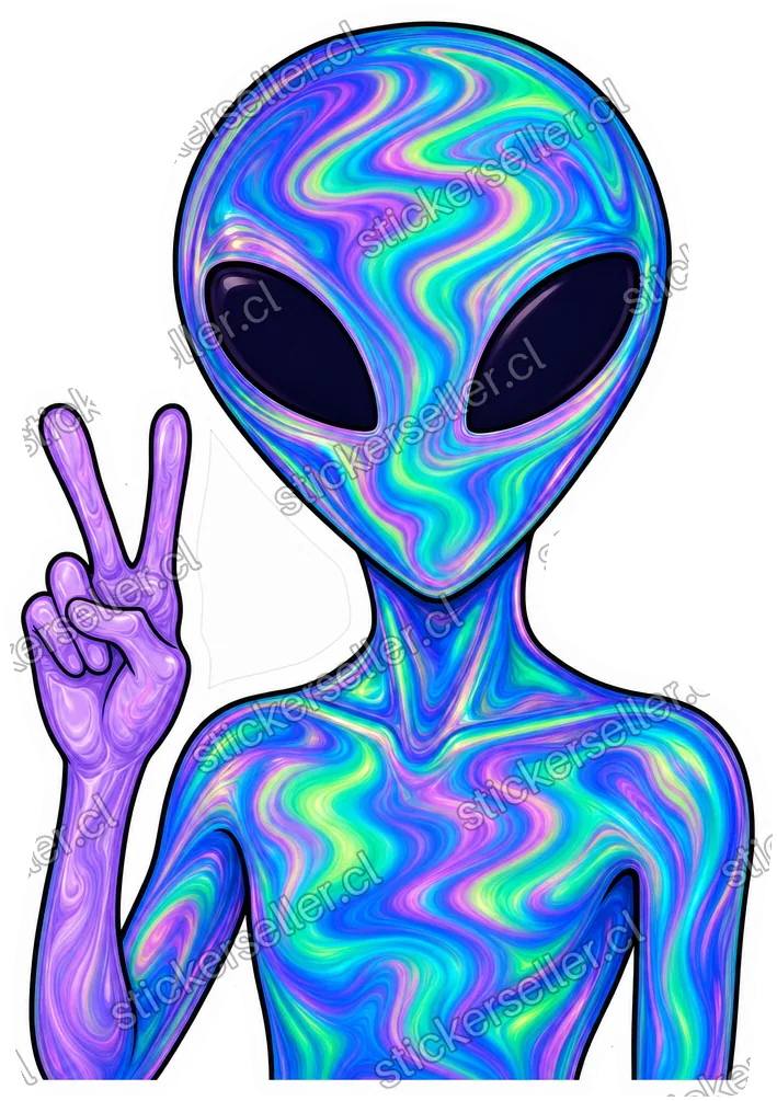 Sticker de un alienígena con piel holográfica en remolinos de teal, azul y morado, haciendo el signo de la paz.