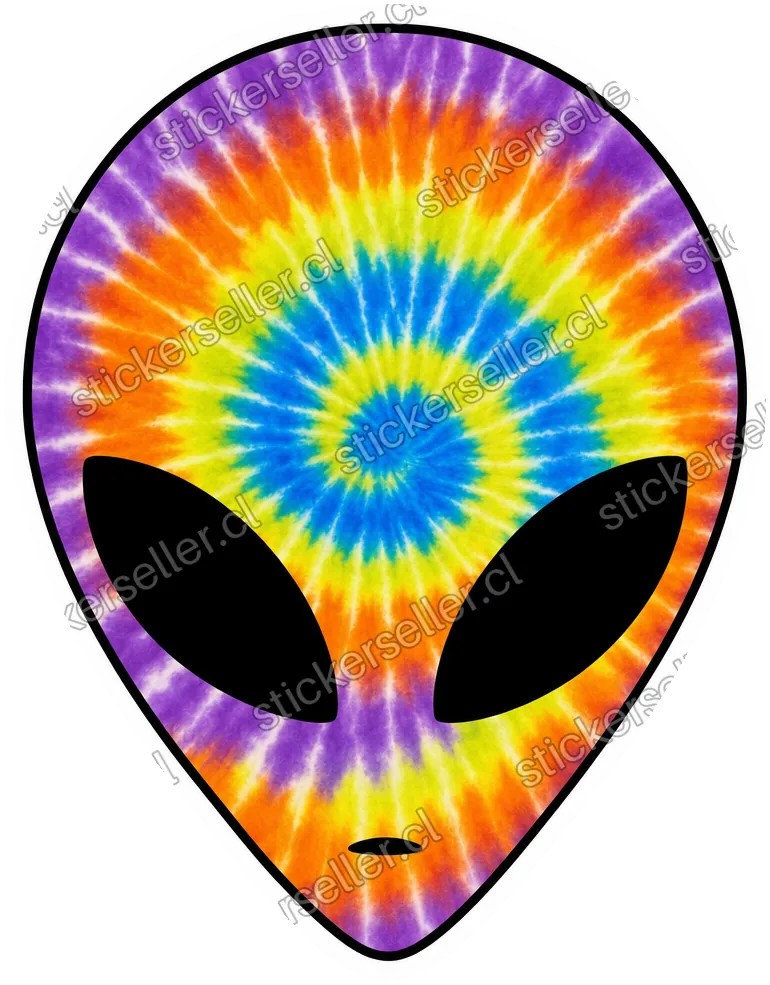 Sticker de la cabeza de un alienígena rellena con un remolino tie-dye de azul, amarillo, naranja y morado.