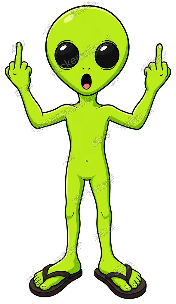Sticker de un alienígena verde lima con sandalias oscuras, dando doble dedo del medio con la boca abierta.