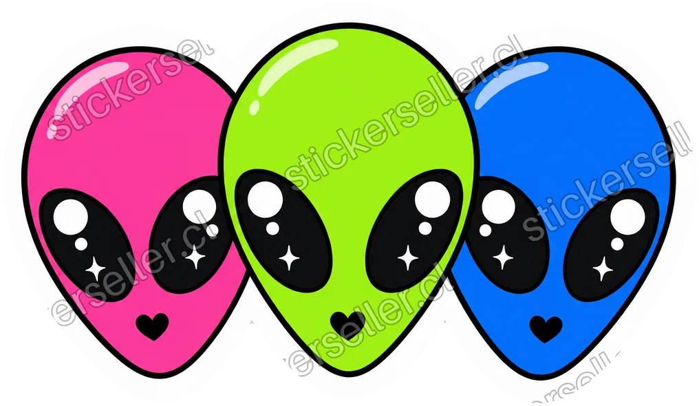 Sticker de tres cabezas de alienígena en fila, rosa, verde y azul, con ojos grandes y boca en forma de corazón.