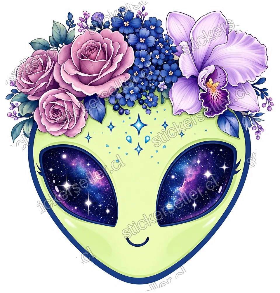 Sticker de un alienígena con ojos de galaxia estrellada y una corona de flores rosa, azul y lavanda.