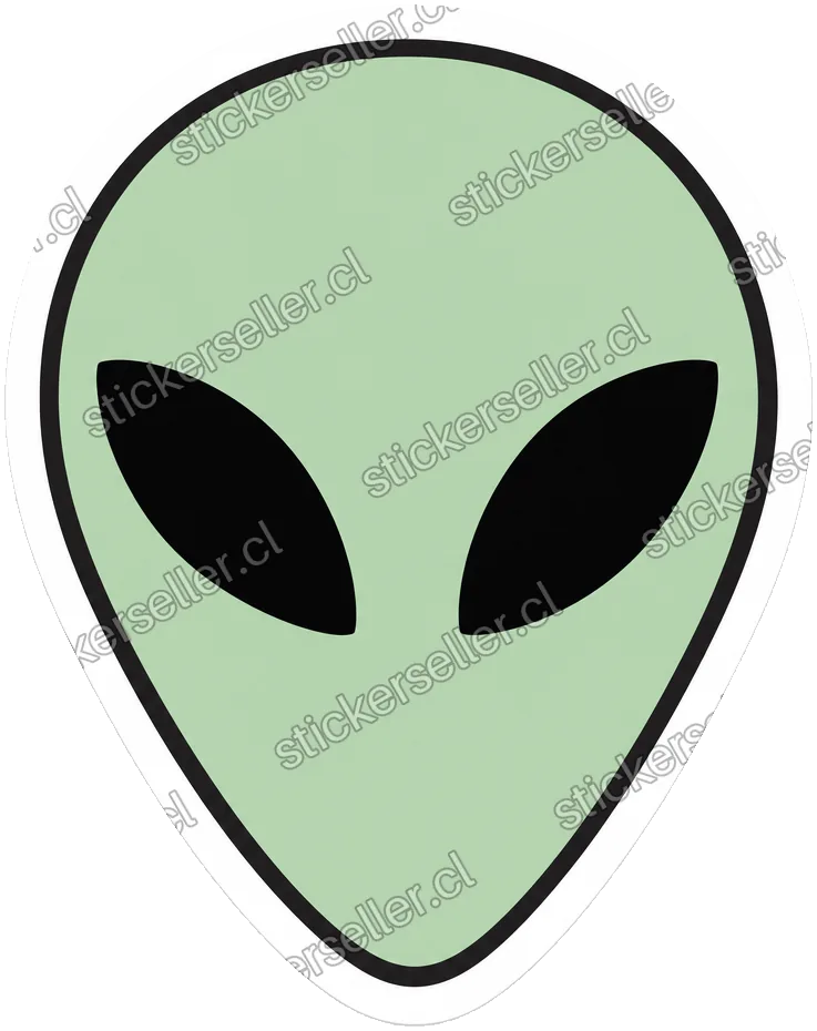 Sticker de la cabeza de un alienígena verde salvia liso, con dos grandes ojos negros almendrados.