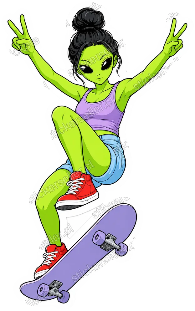 Sticker de una alienígena patinando con polera lavanda y short celeste, haciendo doble signo de la paz sobre una tabla lavanda.