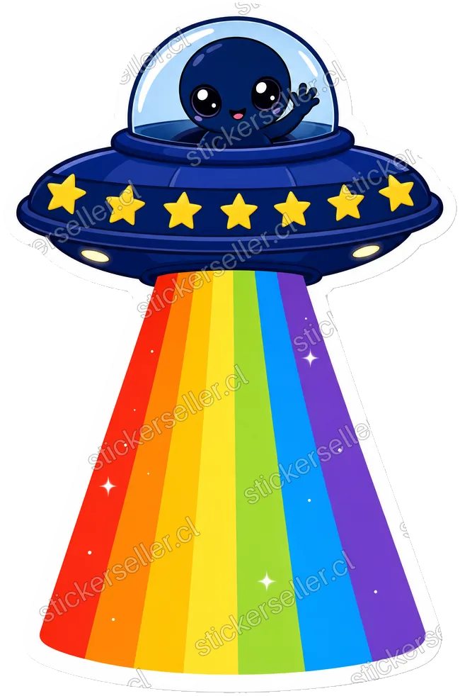 Sticker de un platillo azul marino con estrellitas amarillas y un alienígena chibi, disparando un rayo tractor arcoíris hacia abajo.